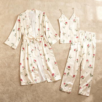 Satin 3-Piece Sleepwear Set with Rose Design