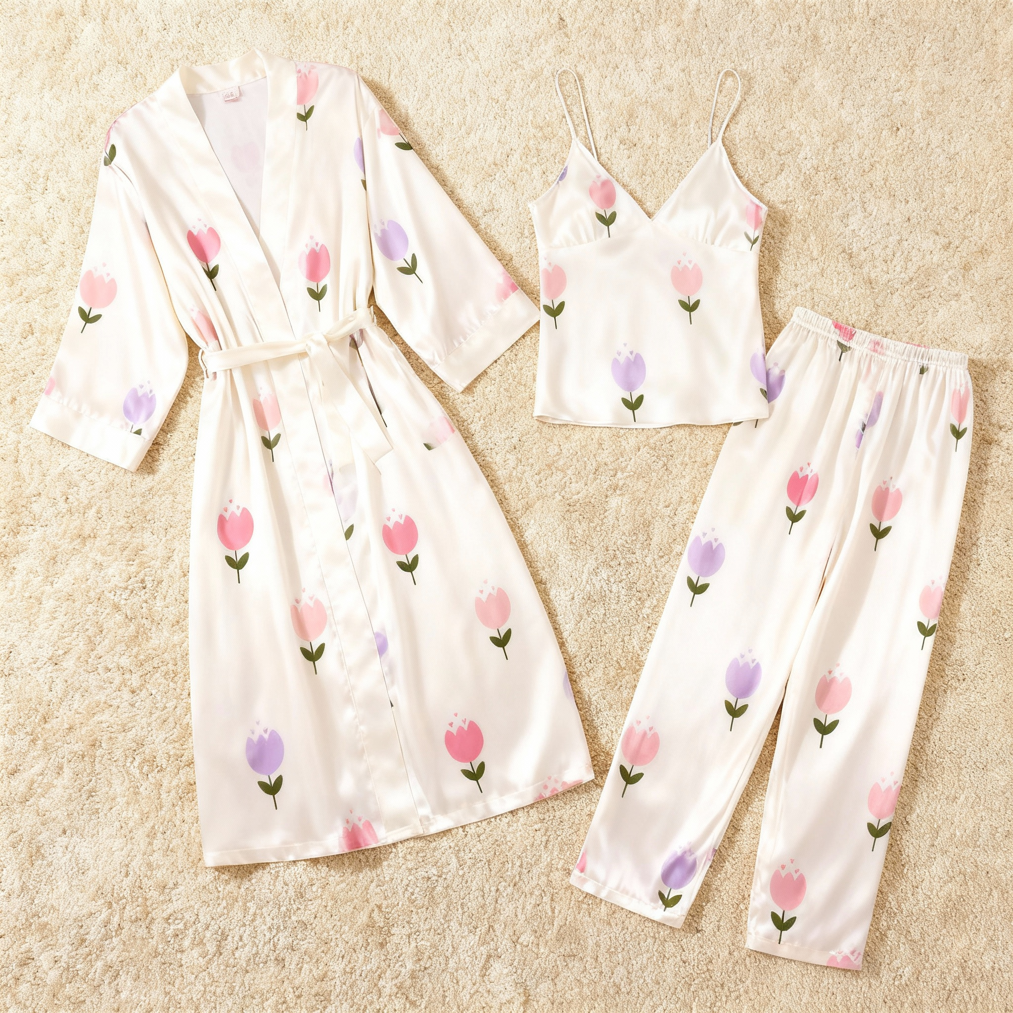 Feminine Dreamy Floral Design Satin Pajama Trio