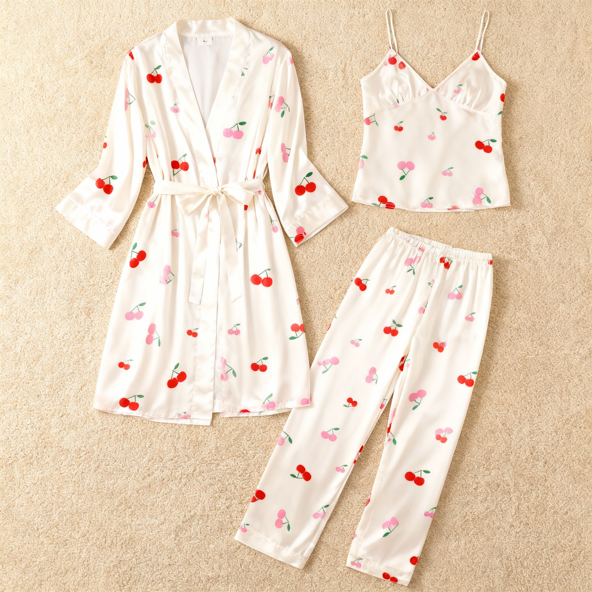 Feminine Cute Cherry Print Satin Pajama Trio
