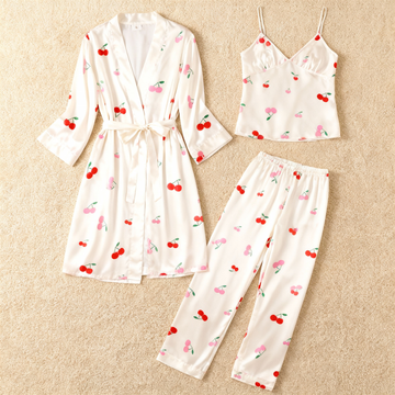 Feminine Cute Cherry Print Satin Pajama Trio