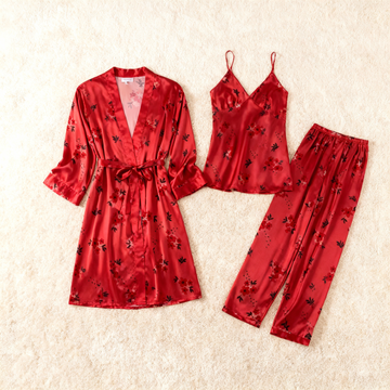 Feminine Elegant Red Satin Pajama Trio