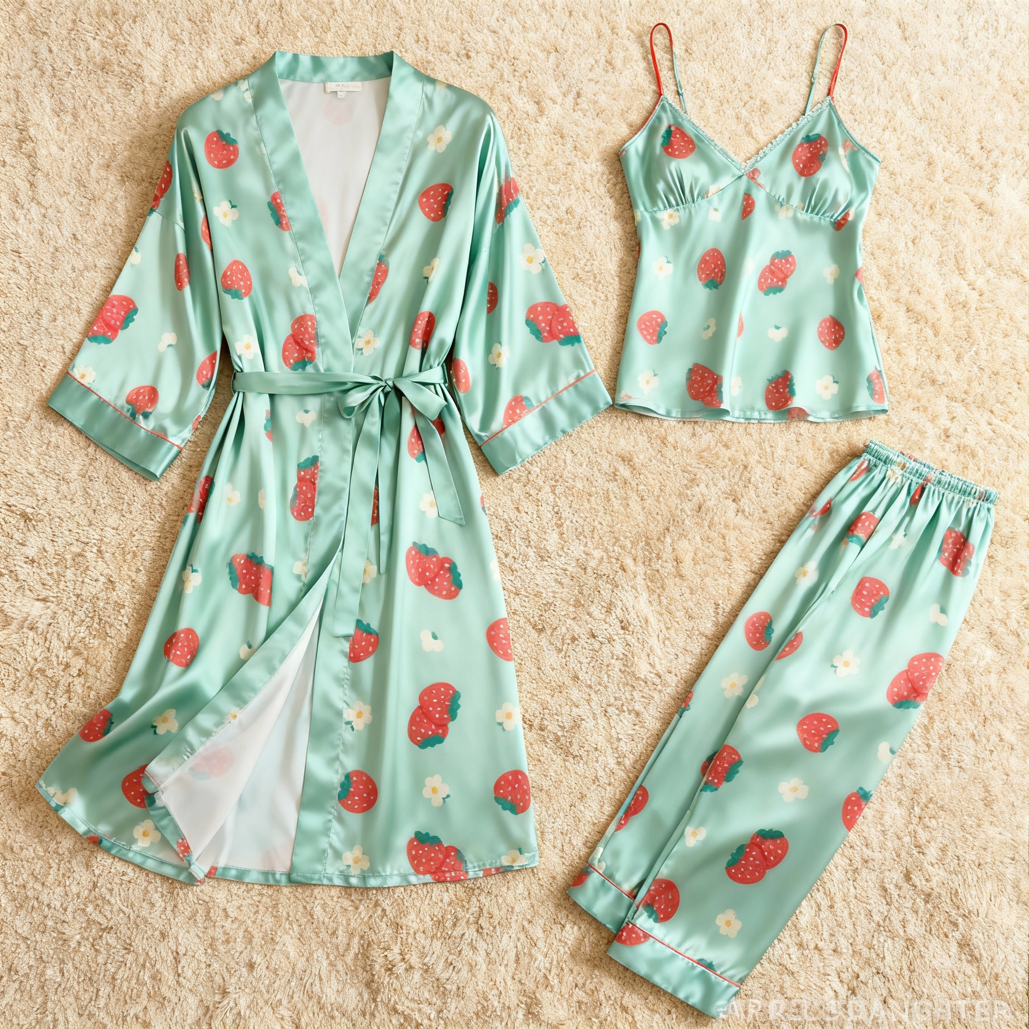 Cute Stawberry Print Feminine Satin Pajama Trio