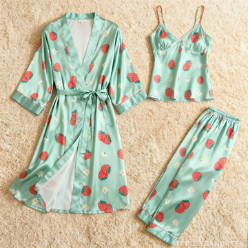 Cute Stawberry Print Feminine Satin Pajama Trio