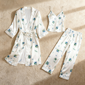 Satin 3-Piece Sleepwear Set with Subtle Blossom Pattern Design