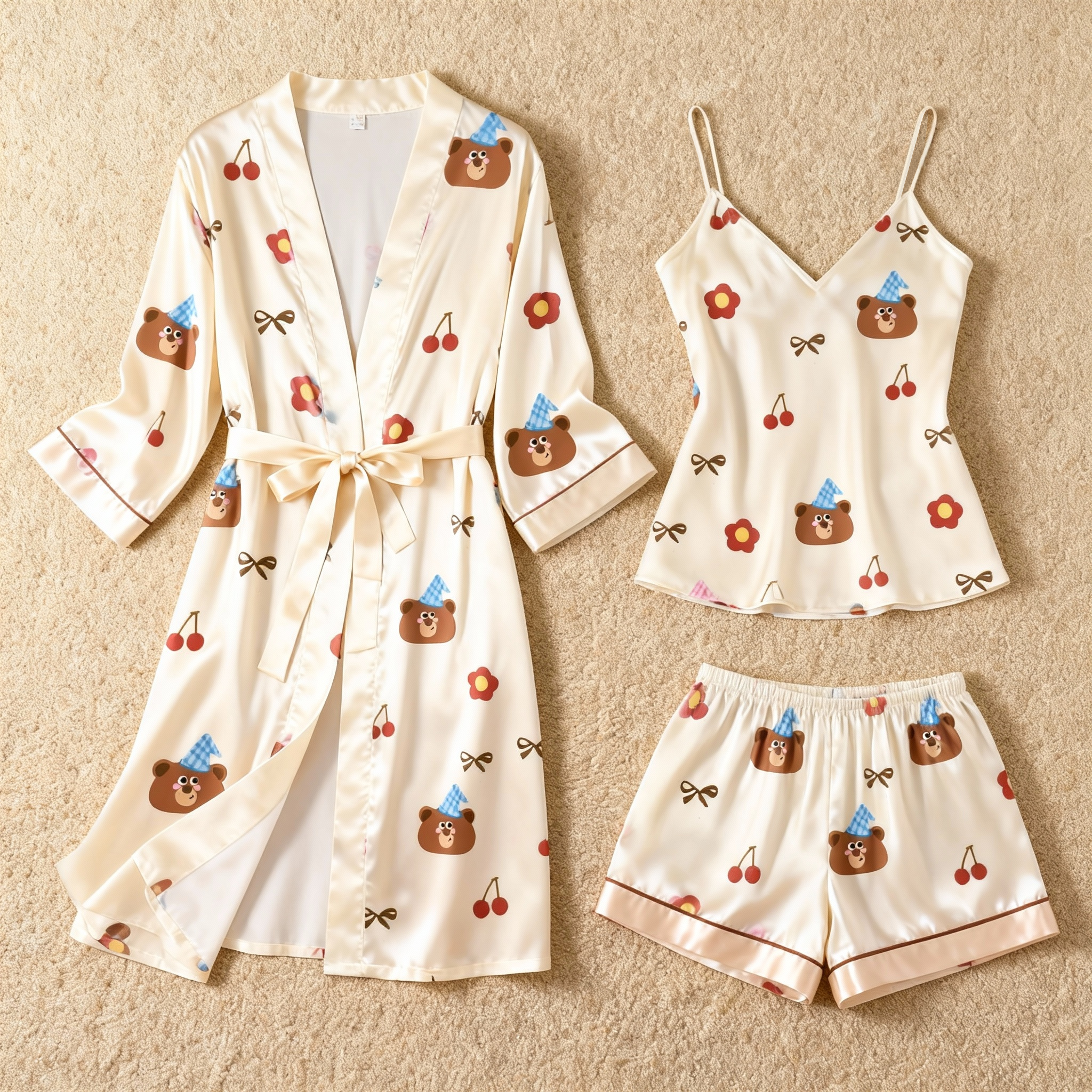 Floral and Bear & Dreamscape Satin Sleepwear Trio for Women