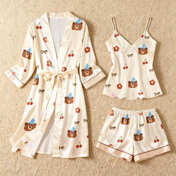 Floral and Bear & Dreamscape Satin Sleepwear Trio for Women