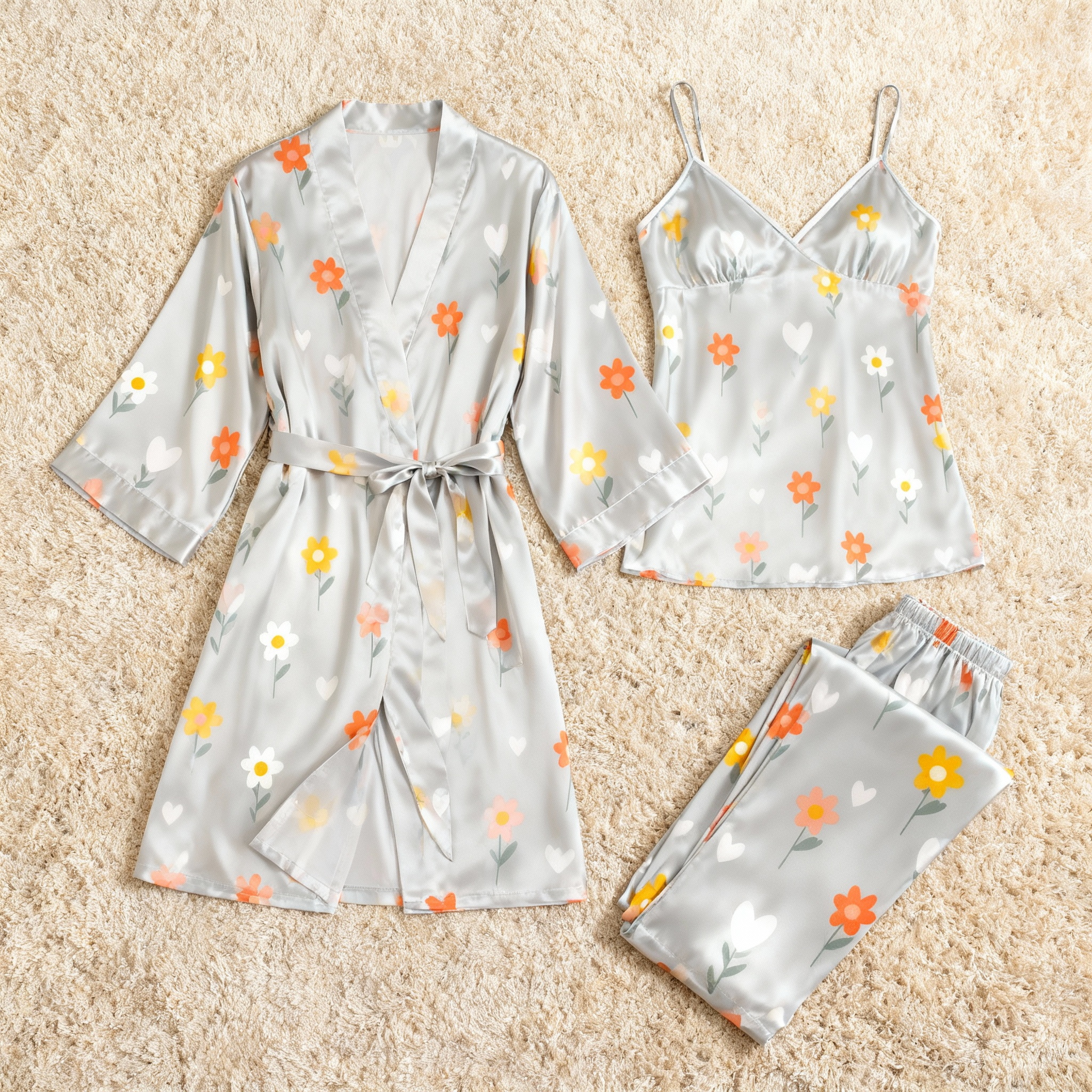 Colorful Floral Design Feminine Satin Pajama Trio