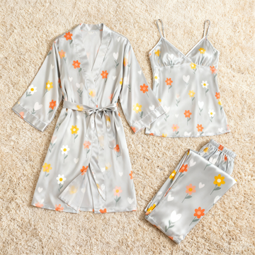 Colorful Floral Design Feminine Satin Pajama Trio