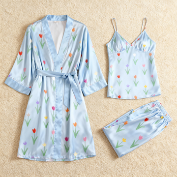 Soft Florals Design Feminine Satin Pajama Trio