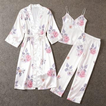 Satin 3-Piece Sleepwear Set with Dreamy Floral Design
