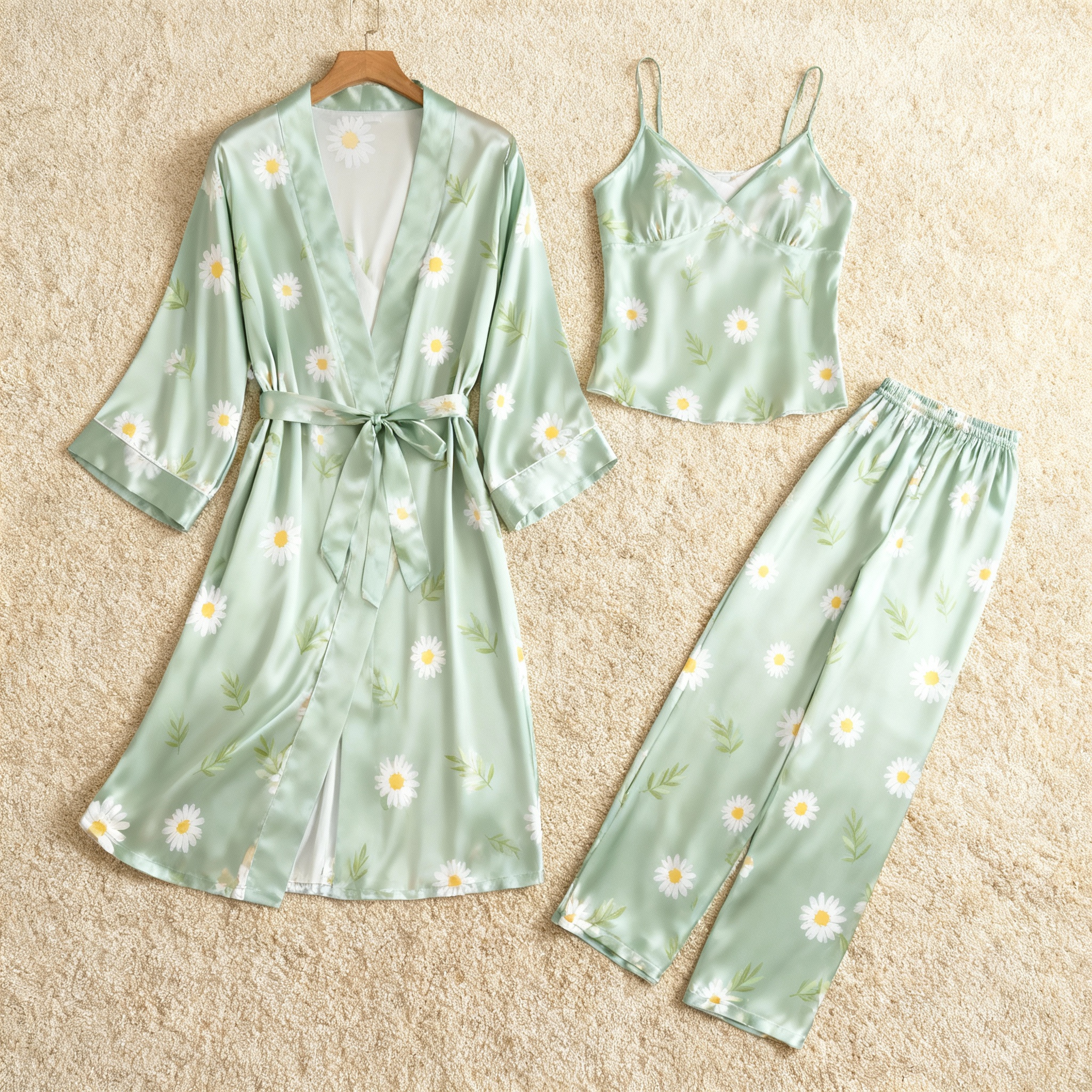 Premium Satin Nightwear Trio in Elegant Green & Cute Florals