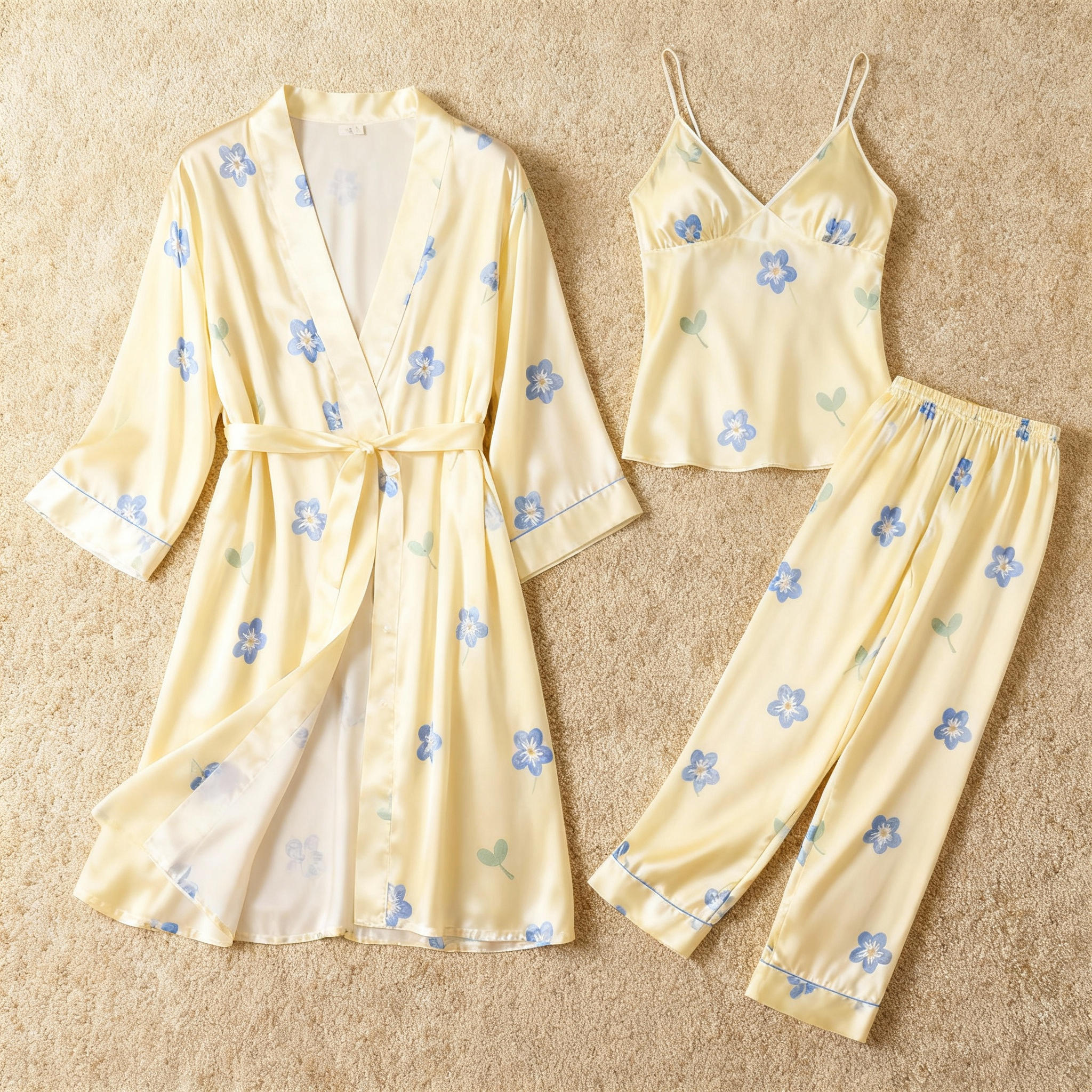 Premium Pale Yellow Satin Nightwear Trio