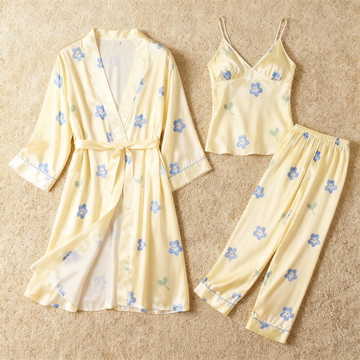 Premium Pale Yellow Satin Nightwear Trio