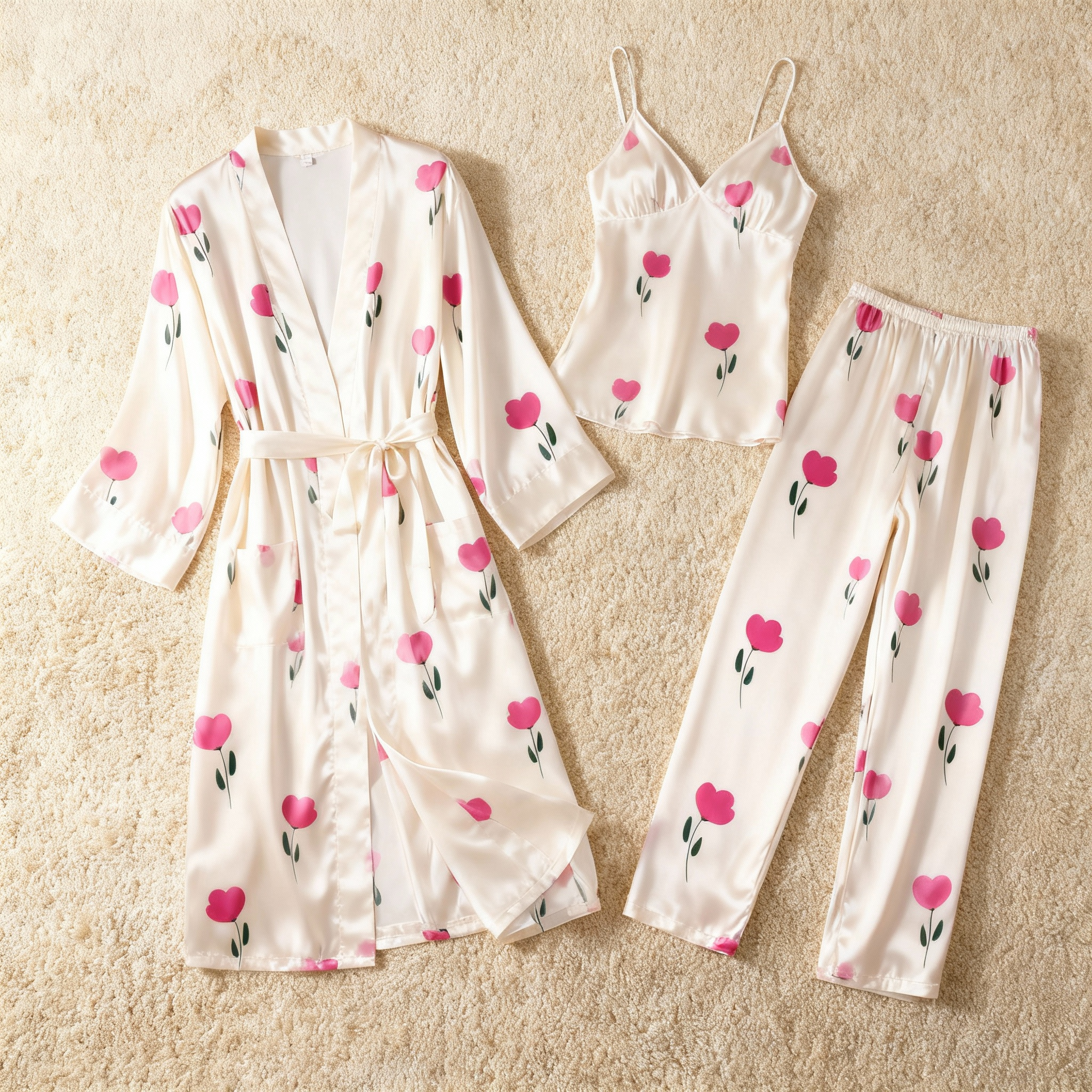 Premium Satin Nightwear Trio With Soft Florals