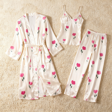 Premium Satin Nightwear Trio With Soft Florals