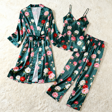 Premium Satin Nightwear Trio With Bold Blossoms