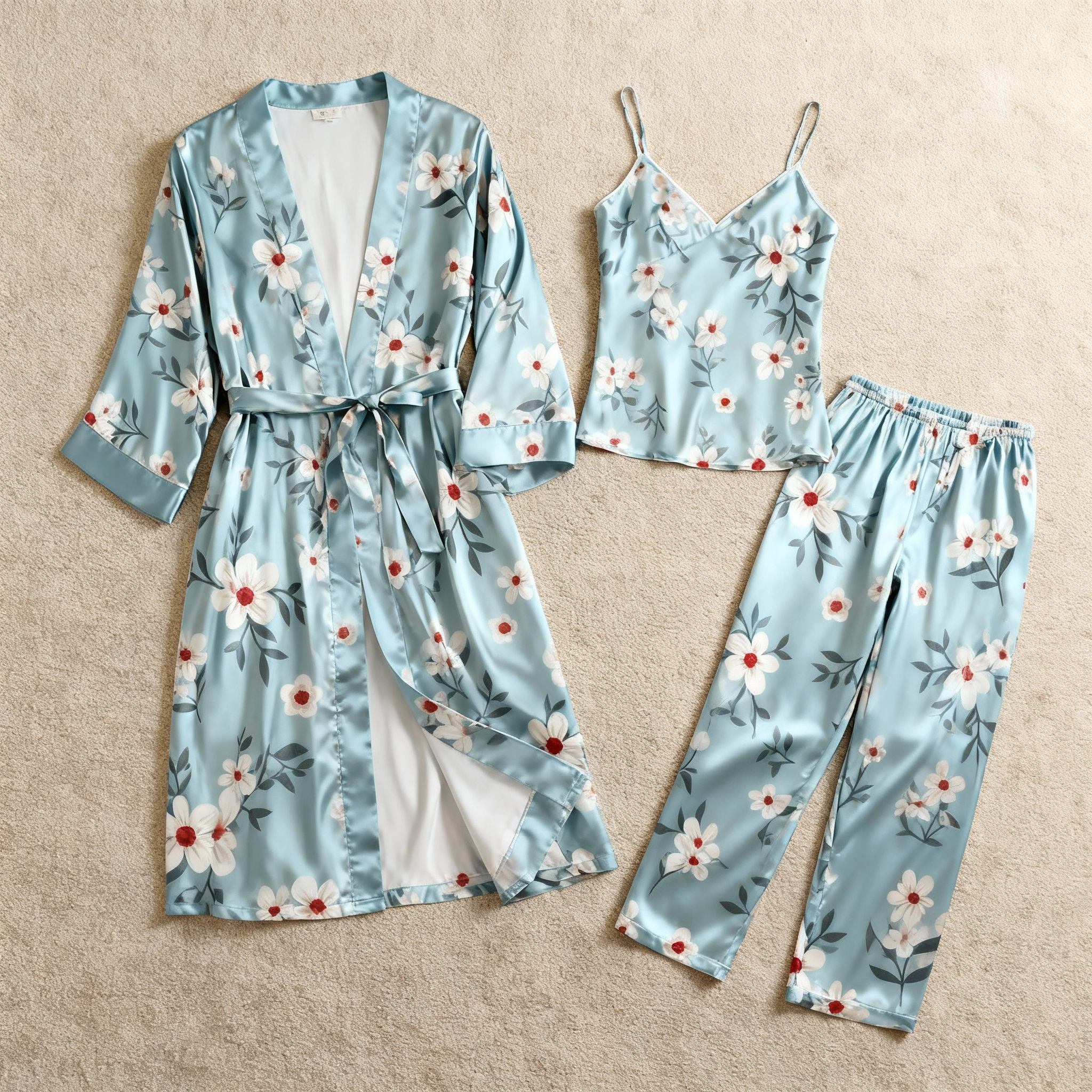 Satin 3-Piece Sleepwear Set with Greenery Design
