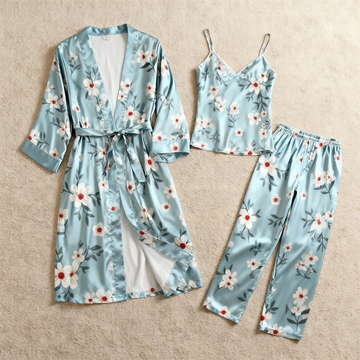 Satin 3-Piece Sleepwear Set with Greenery Design