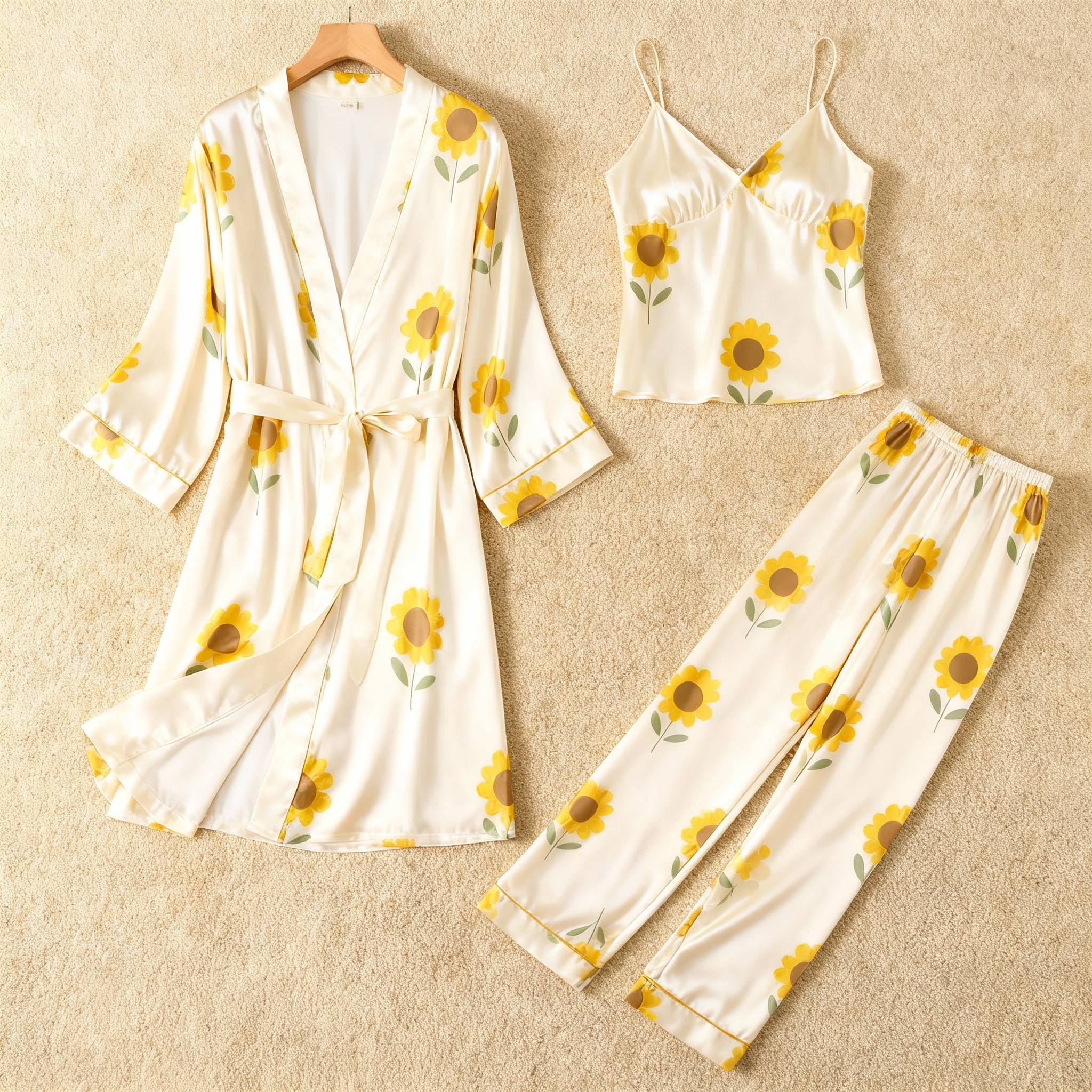 Premium Satin Nightwear Trio With Sunflower Motif