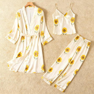 Premium Satin Nightwear Trio With Sunflower Motif