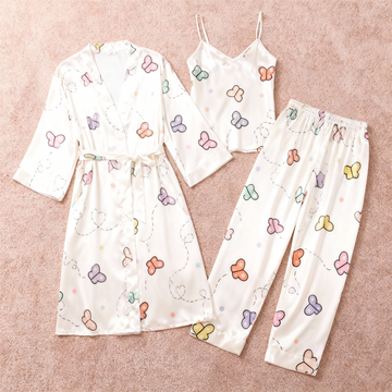 Premium Satin Nightwear Trio With Colorful Butterflies Motif