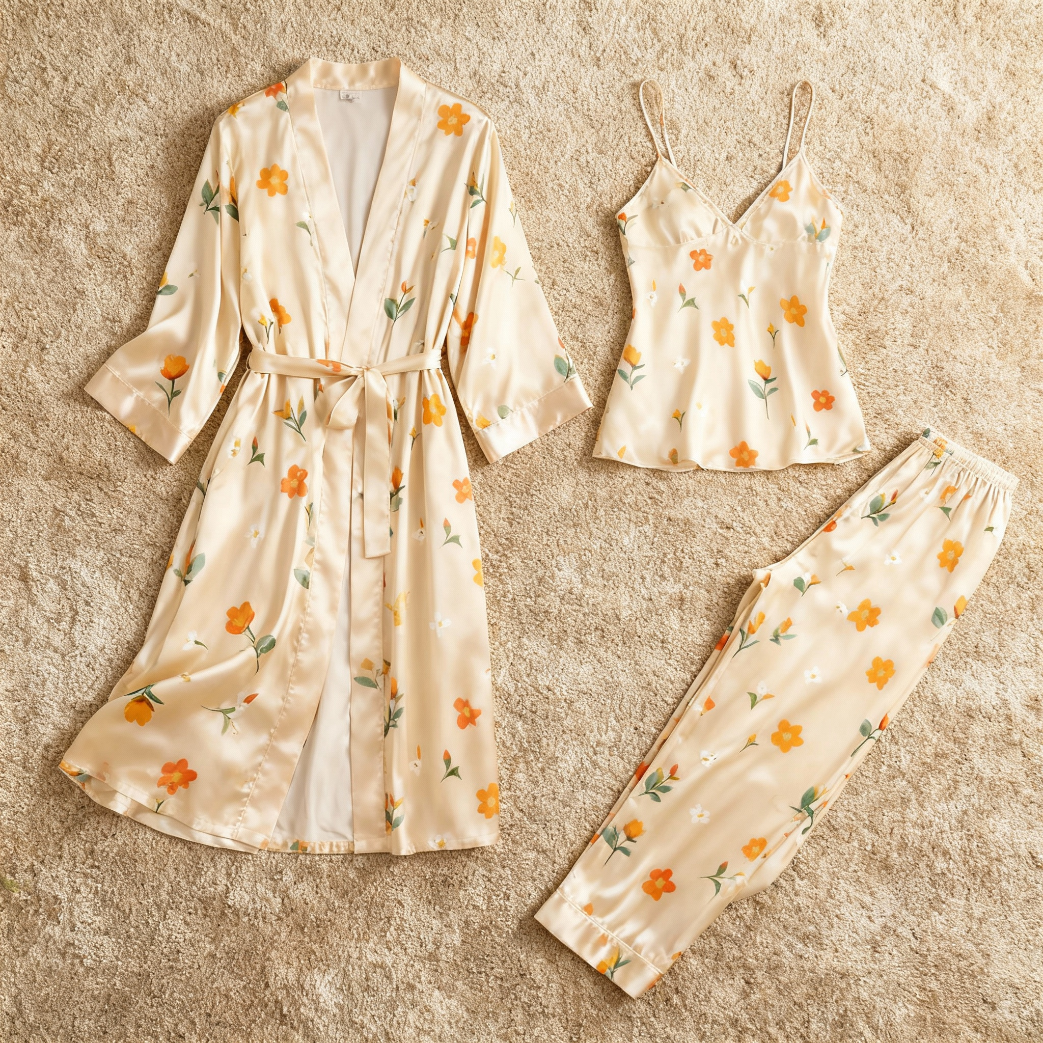 Women's Classic Satin Pajama Set with Soft Florals Motifs