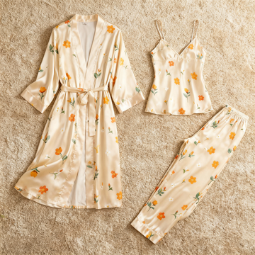 Women's Classic Satin Pajama Set with Soft Florals Motifs