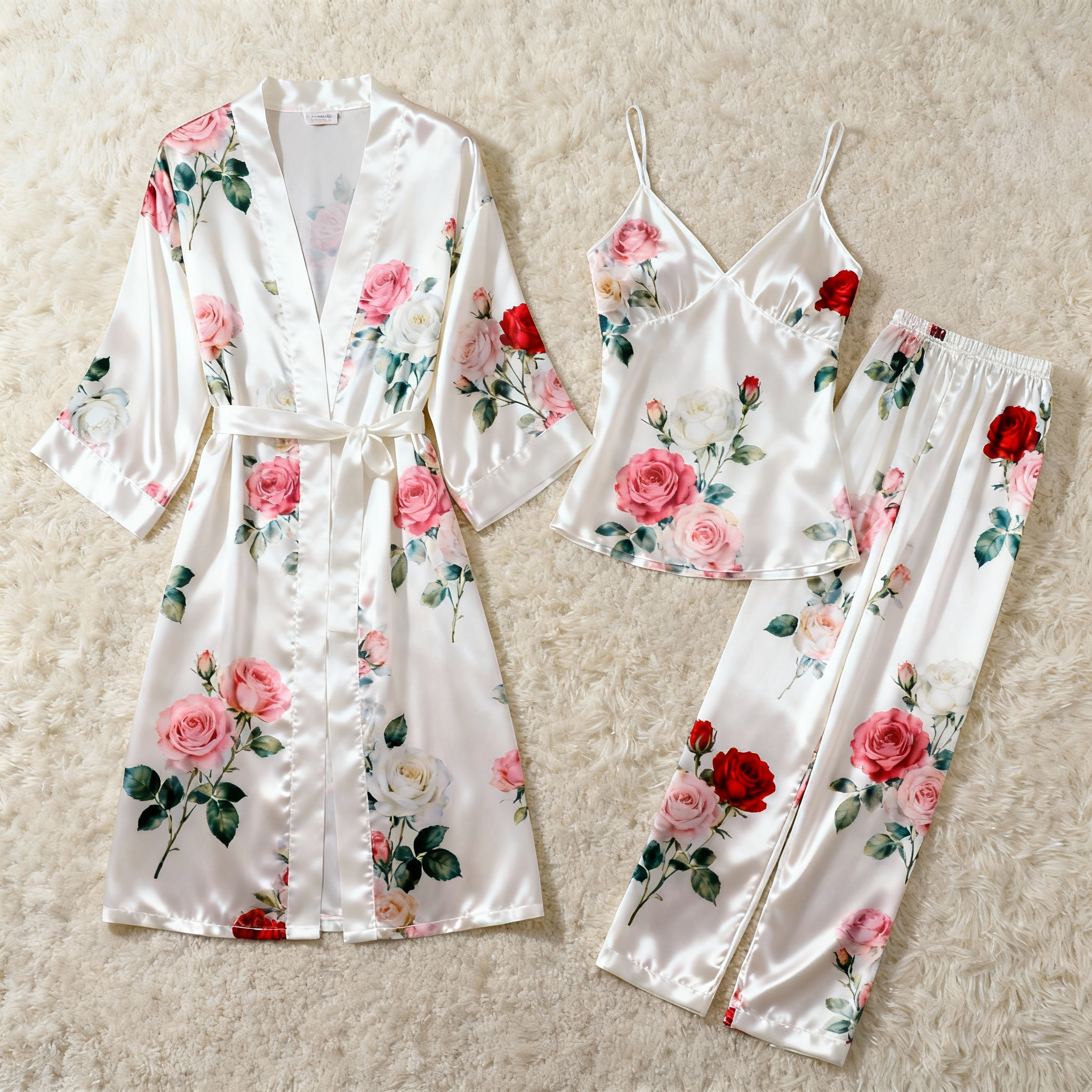 Women's Classic Satin Pajama Set with Romantic Florals Motifs