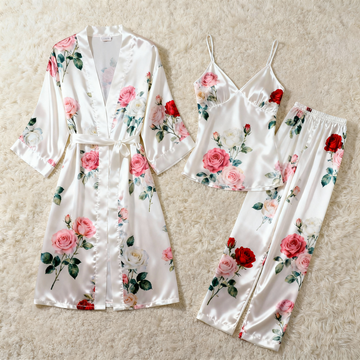 Women's Classic Satin Pajama Set with Romantic Florals Motifs