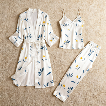 Women's Classic Satin Pajama Set with Botanical Leaves Motifs