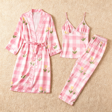 Women's Classic Pink Plaid Satin Pajama Set with Sweet Florals