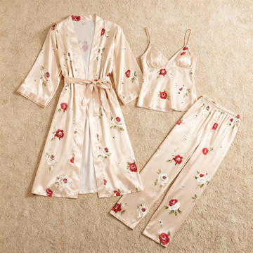 Satin 3-Piece Sleepwear Set with Botanical Print