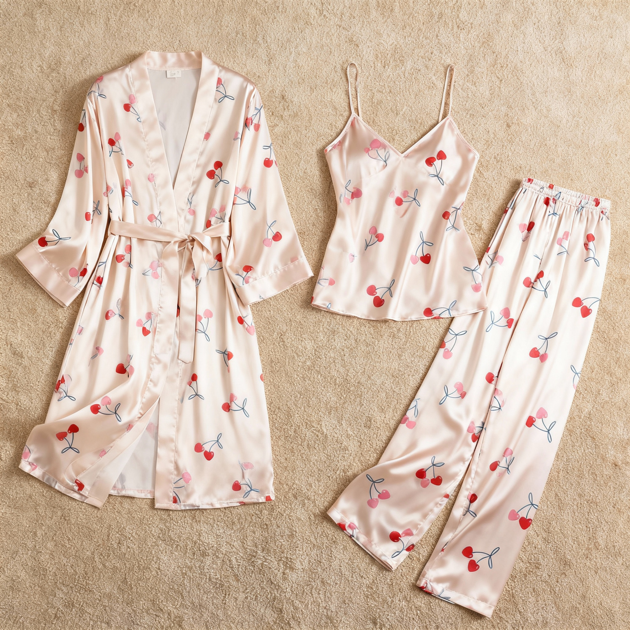 Women's Classic Satin Pajama Set with Sweet Cherry