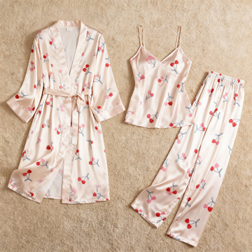 Women's Classic Satin Pajama Set with Sweet Cherry