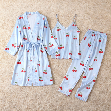 Women's Classic Blue Satin Pajama Set with Cherry Motifs