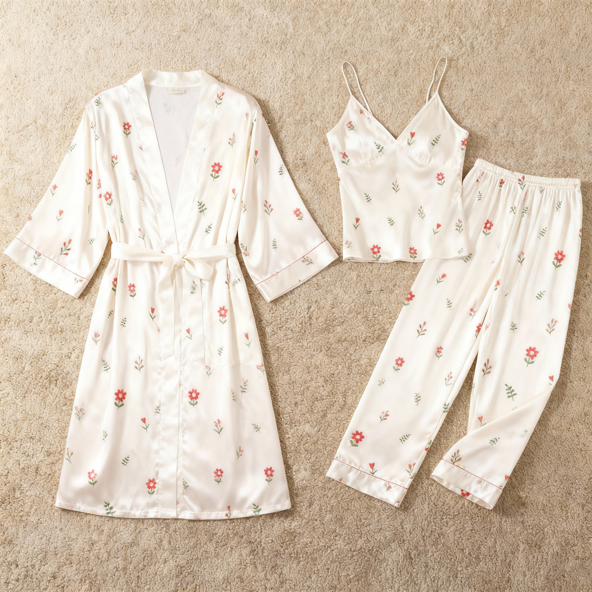 Women's Classic Satin Pajama Set with Cute Florals Motifs