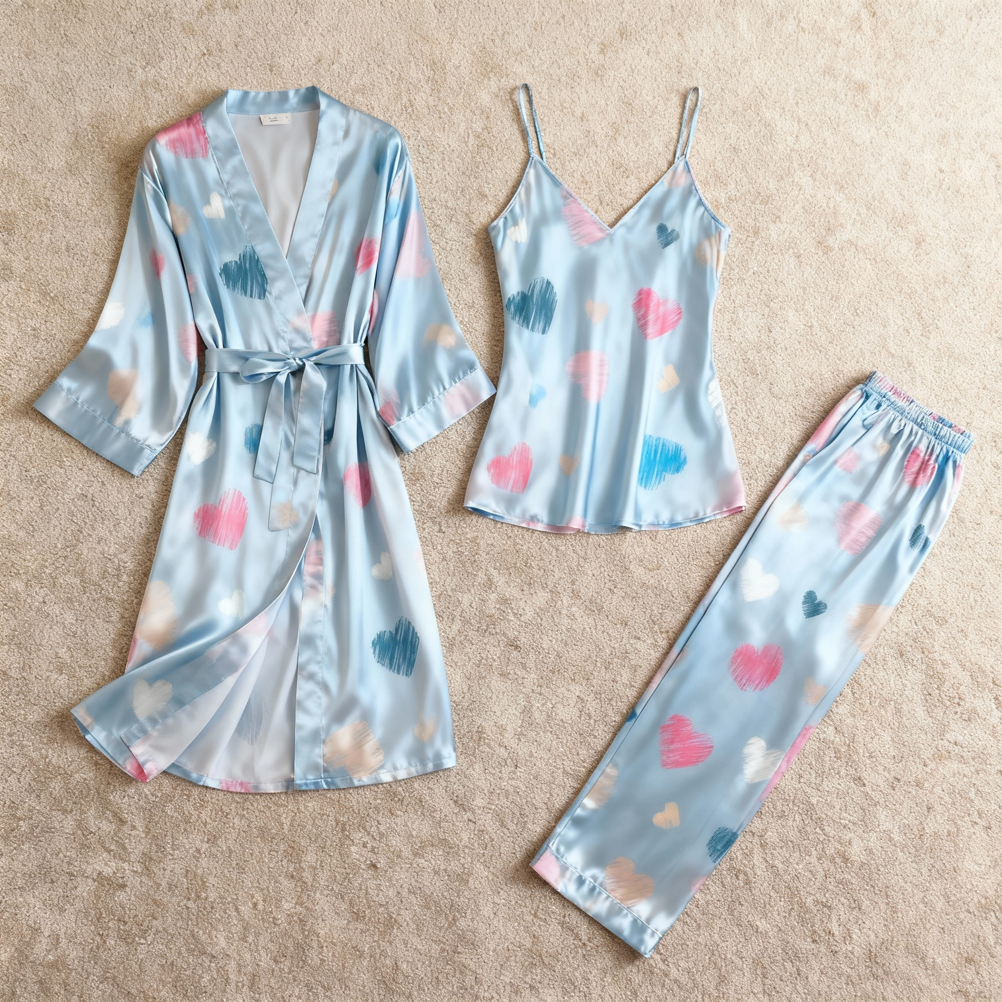 Women's Classic Sky-Blue Satin Pajama Set with Sweet Heart Motifs