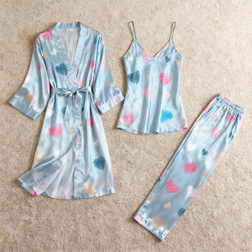 Women's Classic Sky-Blue Satin Pajama Set with Sweet Heart Motifs