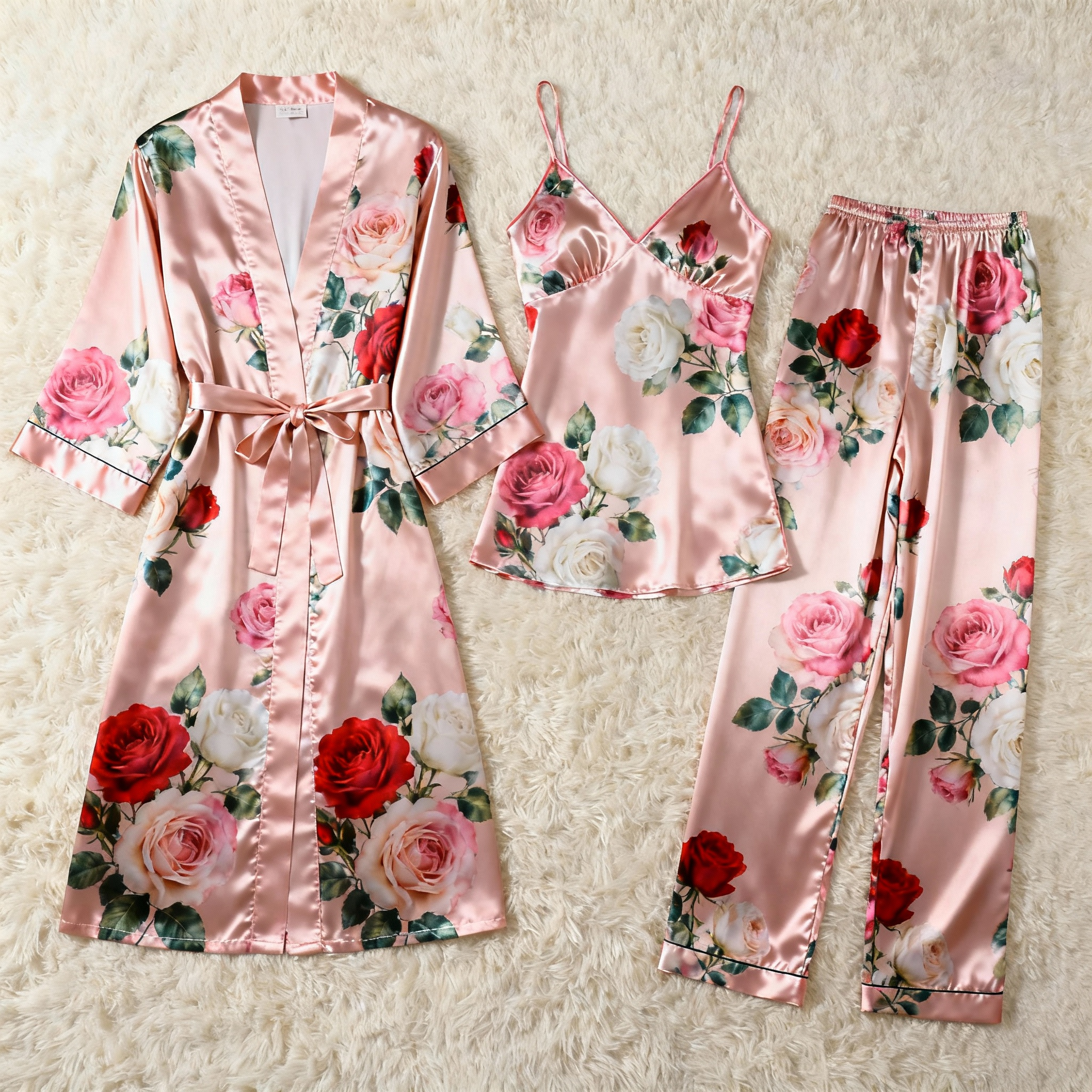 Women's Classic Satin Pajama Set with Retro Glamour Floral Motifs