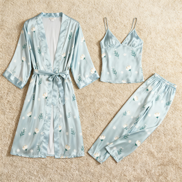 Women's Classic Satin Pajama Set with Simple Floral Motifs