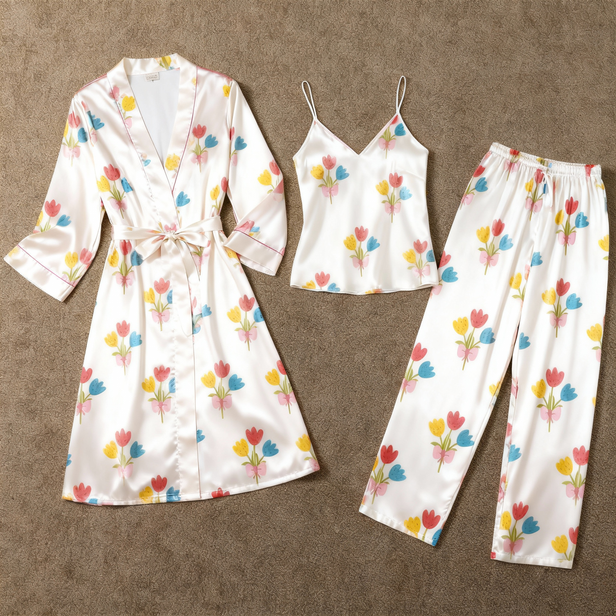 Women's Classic Satin Pajama Set with Colorful Floral Motifs