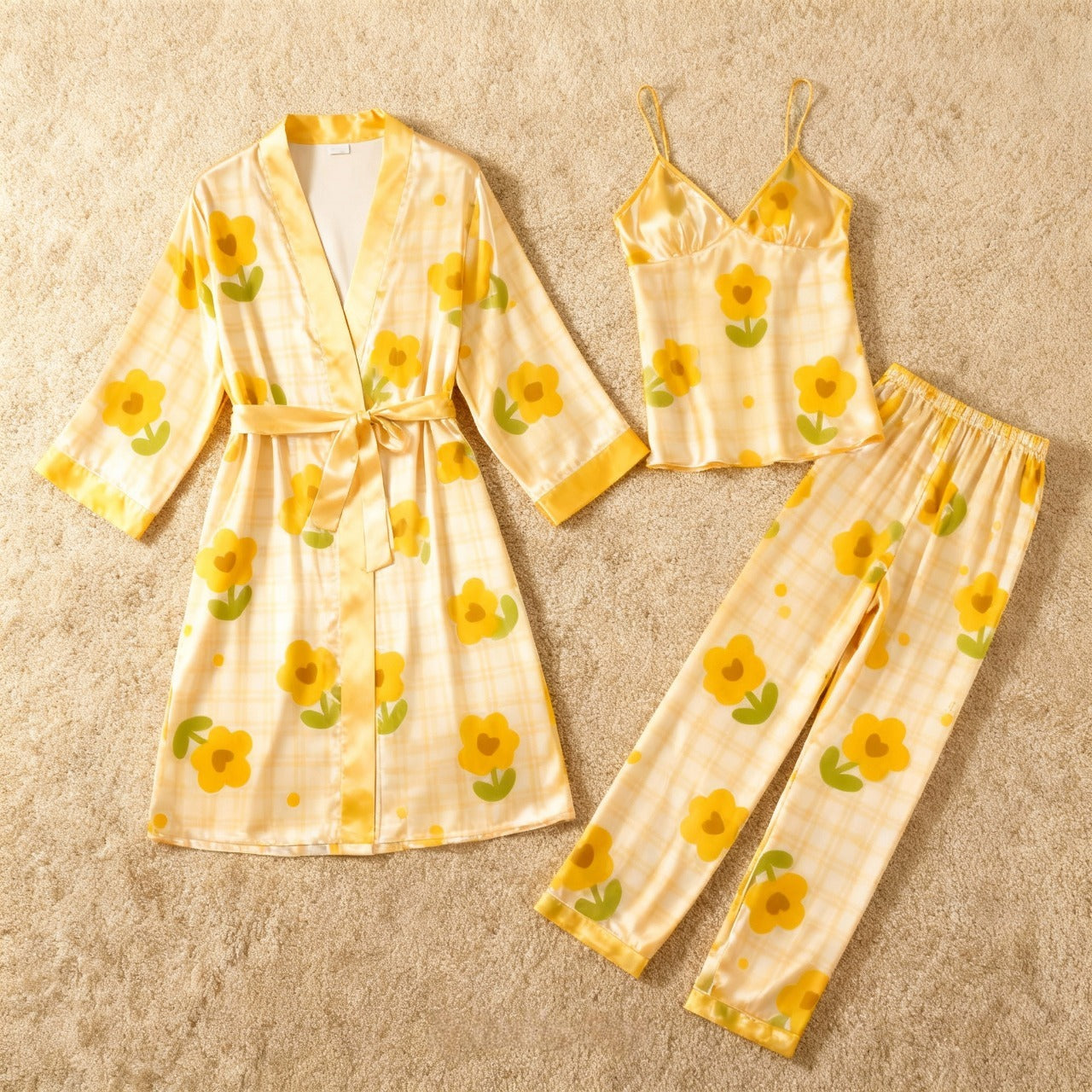 Feminine Satin Pajama Trio with Bright Floral Design