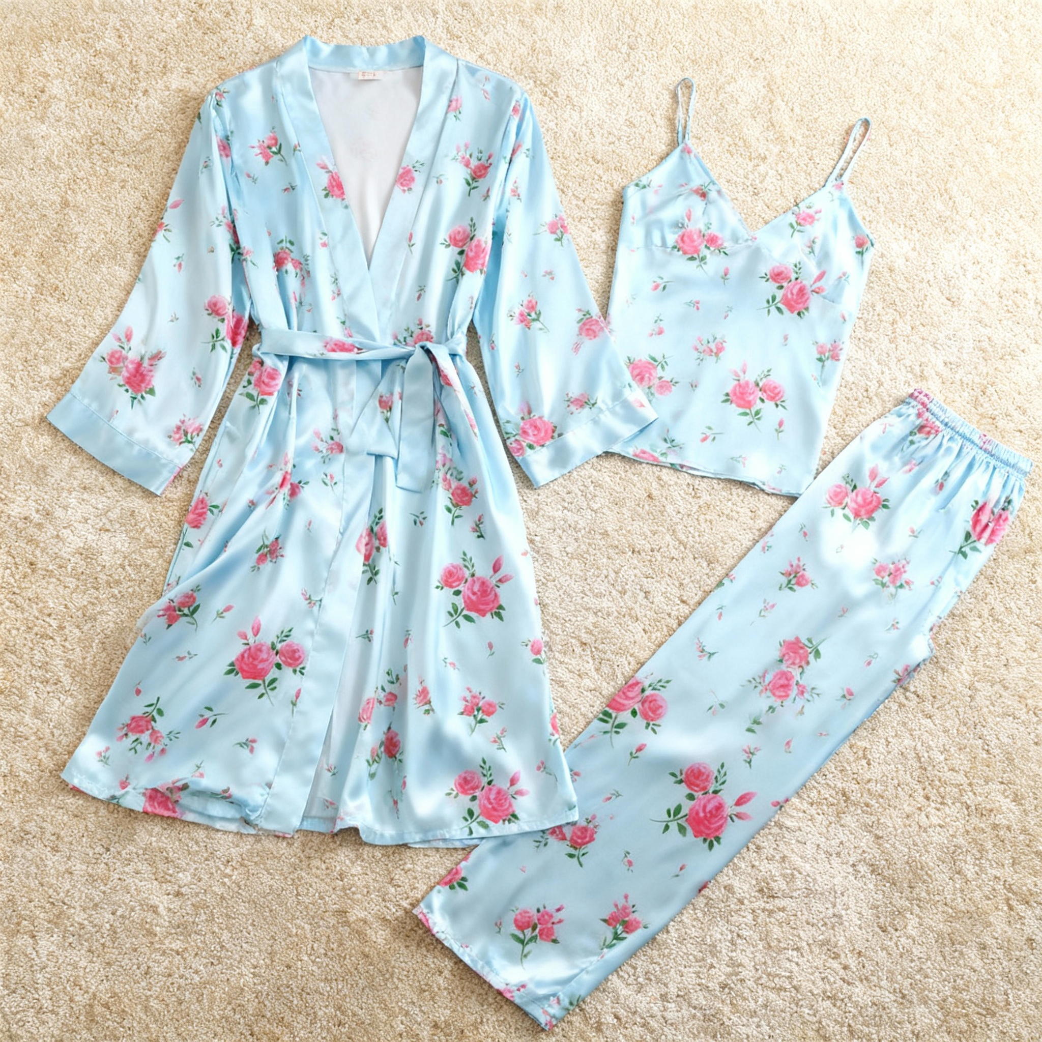 Satin 3-Piece Sleepwear Set with Elegant Blue Design