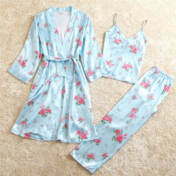 Satin 3-Piece Sleepwear Set with Elegant Blue Design