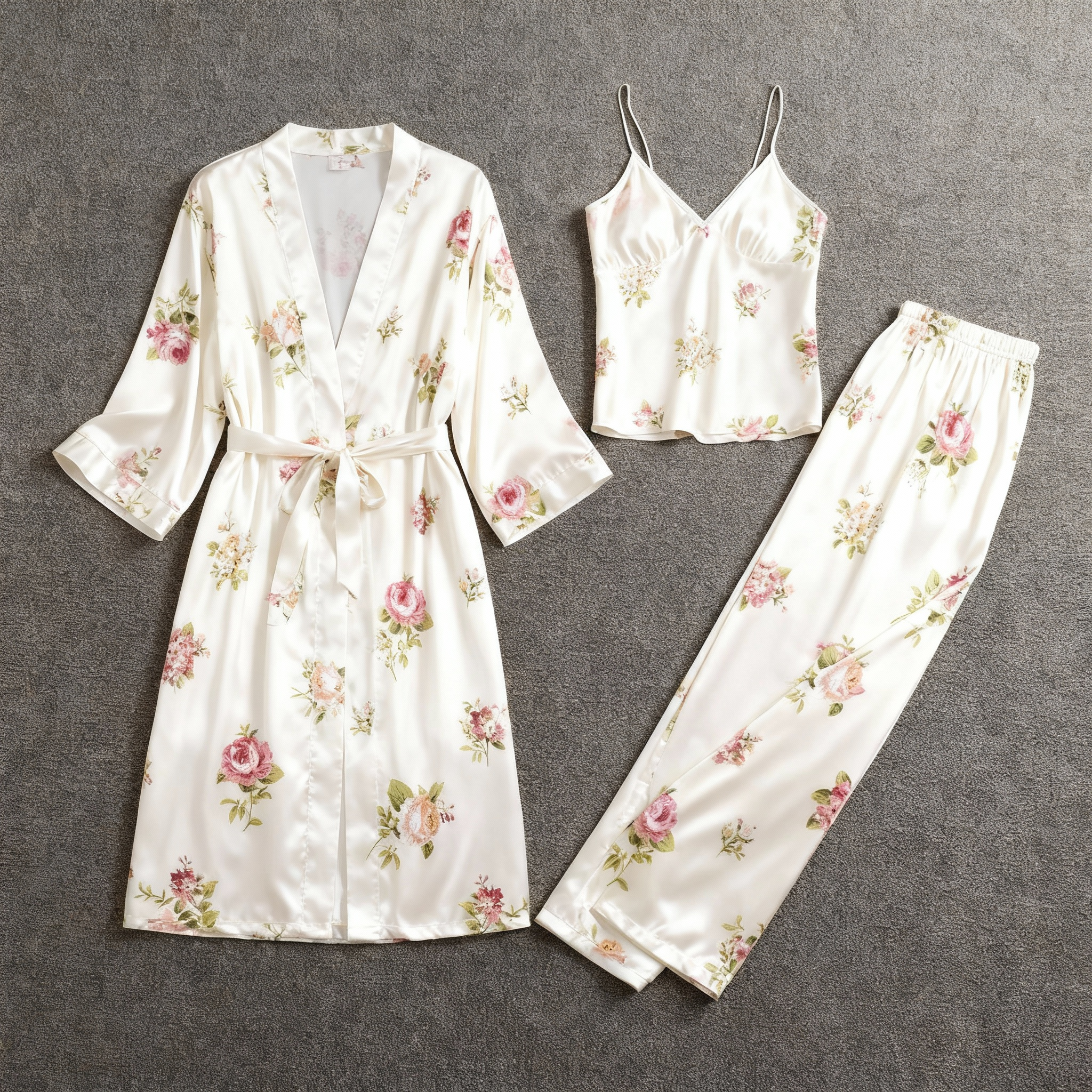 Satin 3-Piece Sleepwear Set with Romantic Floral Design