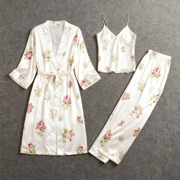 Satin 3-Piece Sleepwear Set with Romantic Floral Design