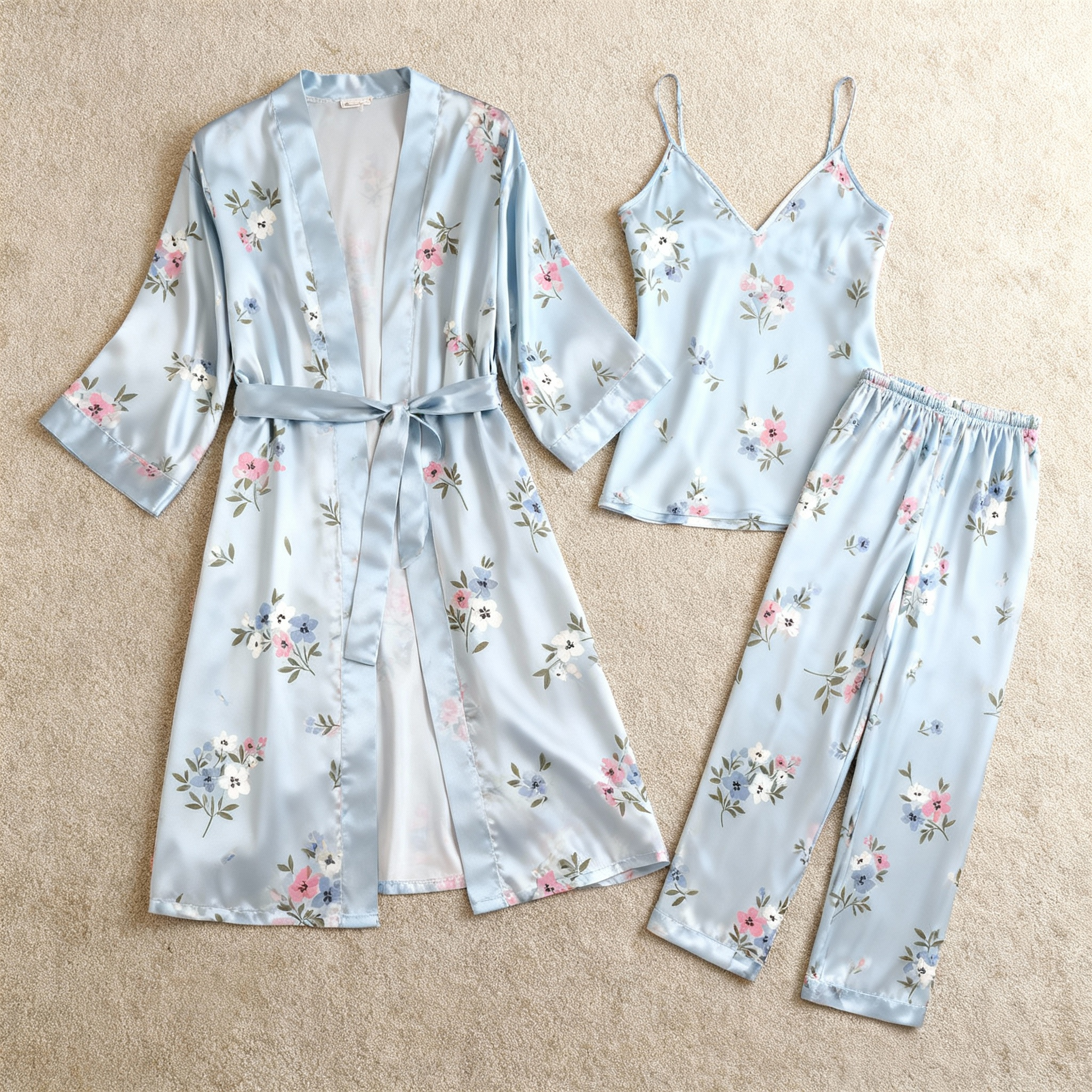 Chic 3-Piece Satin Nightwear Set Featuring Blue Floral Motifs