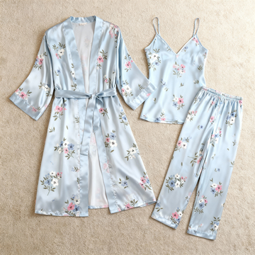 Chic 3-Piece Satin Nightwear Set Featuring Blue Floral Motifs
