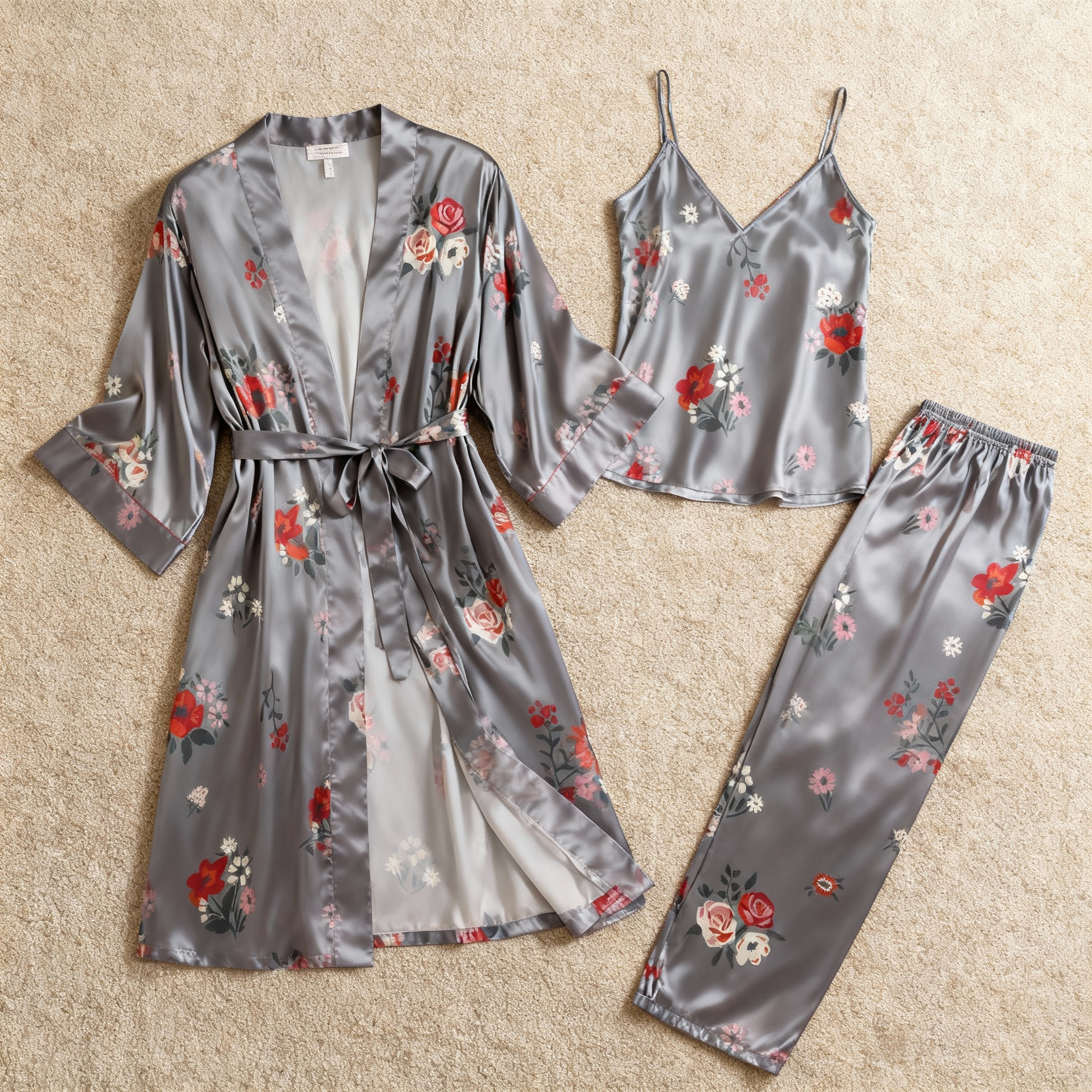 Chic 3-Piece Satin Nightwear Set Featuring Dreamy Floral Motifs