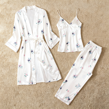Chic 3-Piece Satin Nightwear Set Featuring Simple Floral Motifs